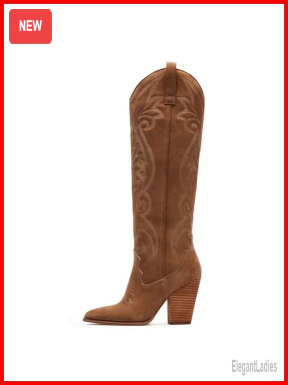 Knee High Cowboy Boots Pointed Toe Chunky Heel Embroidered Western Boots